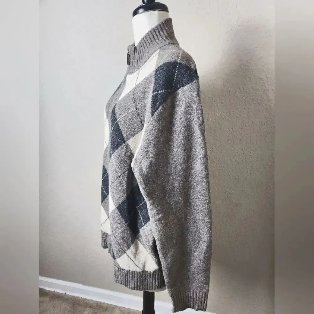 J. Crew Lambwools Argyle Zip-Up Elbow Patch Sweater Cardigan Gray  Size L